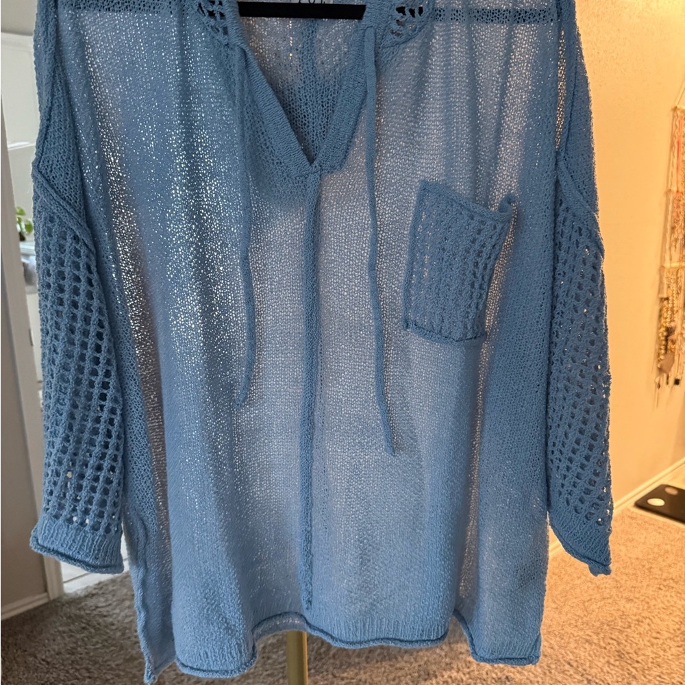 Blue Knit Sweater with Pocket